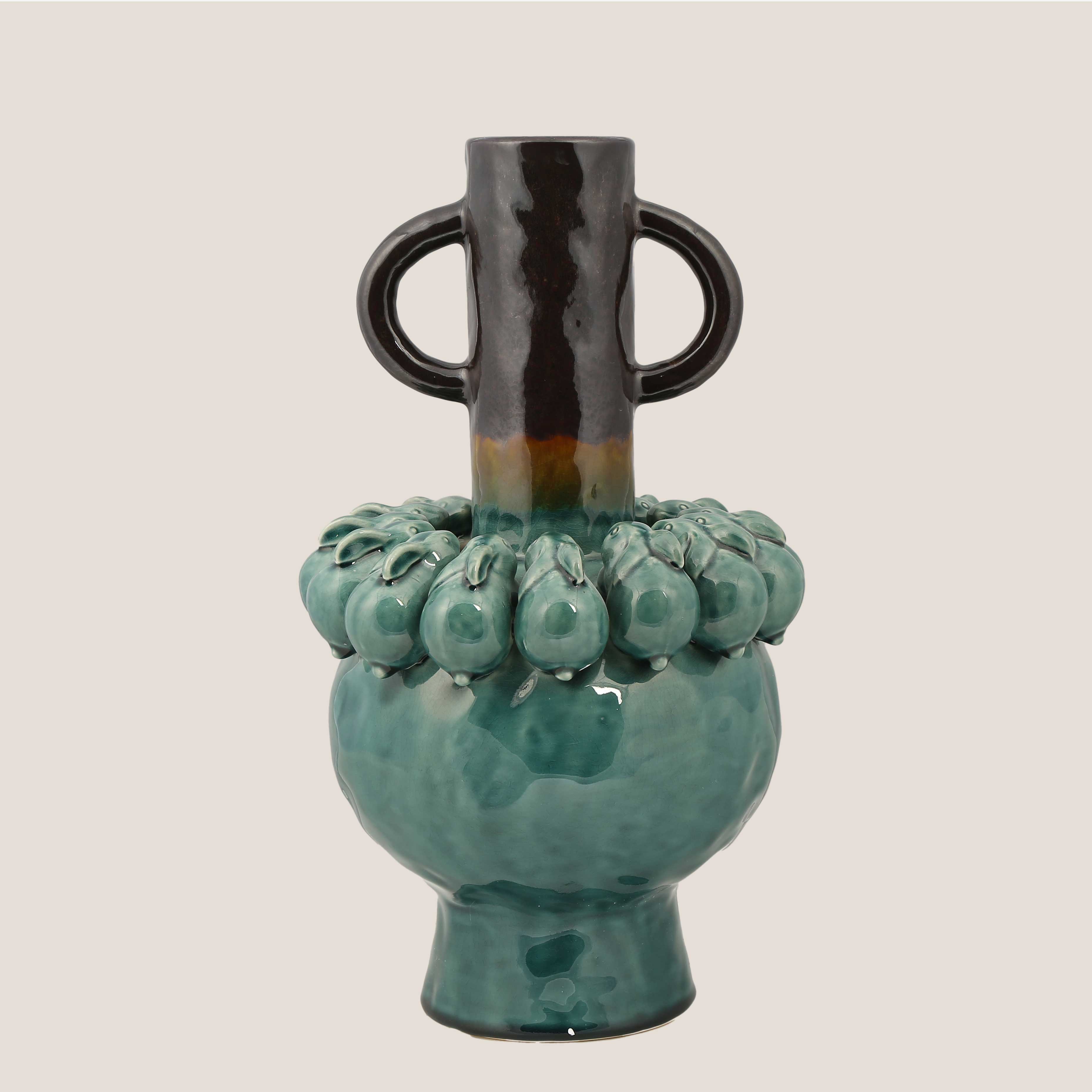 Seramik Yeşil Tavşanlı Kuplu Vazo AK.KD0010